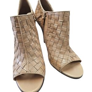 Woven Tan Peep-Toe Ankle Boots